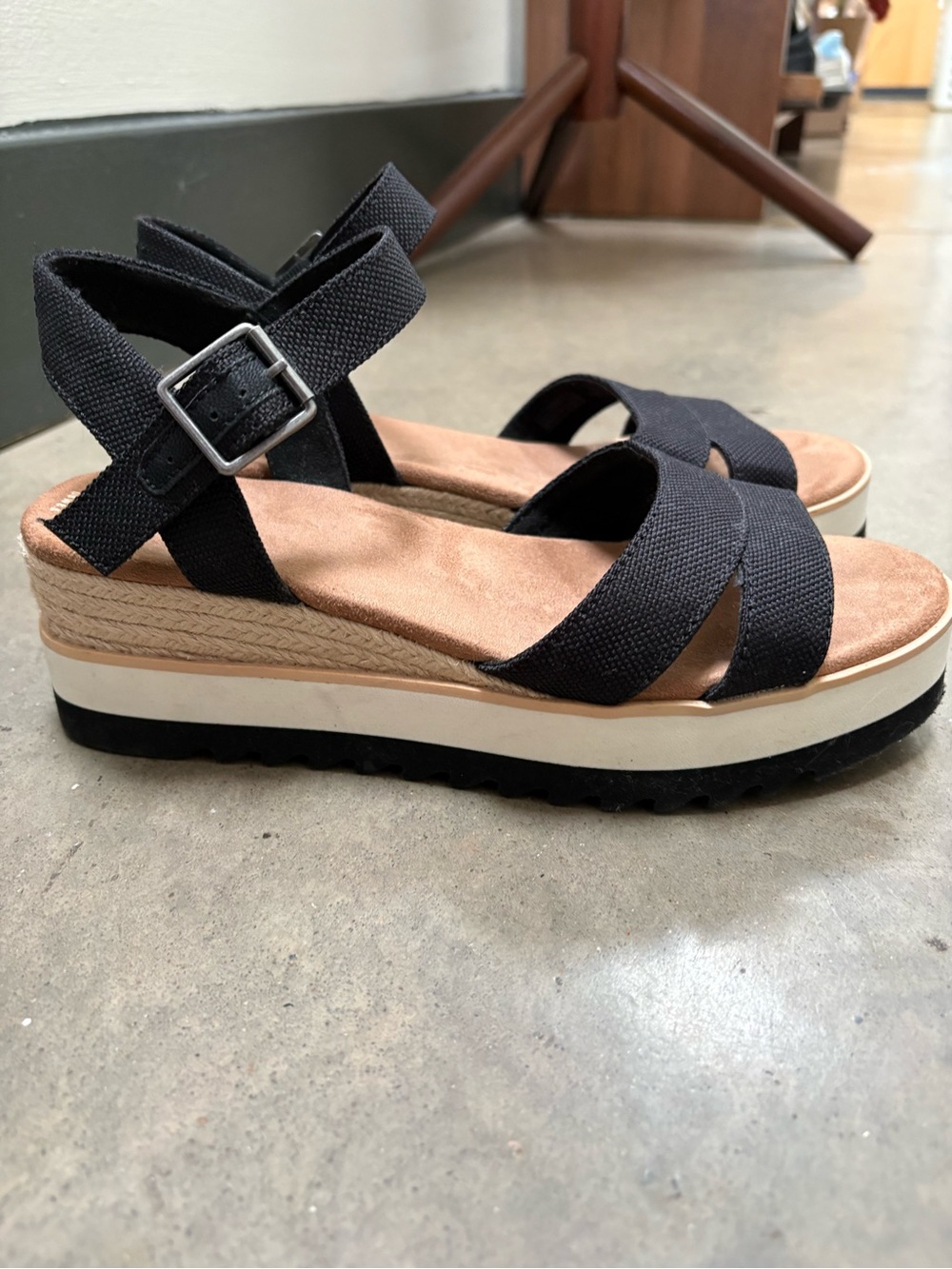 Toms Black Platform Wedge Sandals with Ankle Strap